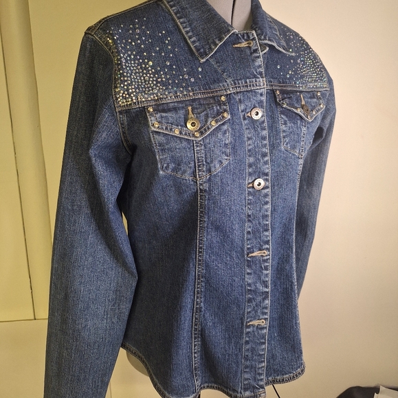 Ethyl Jackets & Blazers - Women's Blue Jean Jacket with Rhinestone Detailing Size Med